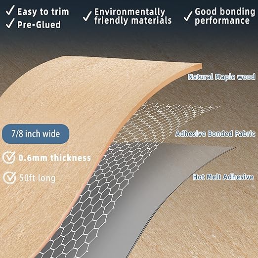 Maple Edge Banding, 7/8 inch x 50ft roll of Wood Edge Banding Preglued Flexible, Veneer Tape Banding for Cabinet Repair Furniture Plywood