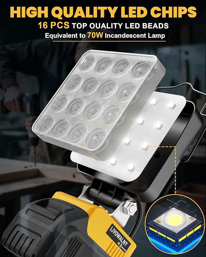 LIVOWALNY 2PCS LED Work Light Compatible with Dewalt 20V Max Battery, 70W 7000LM Battery Light 20V Cordless Tools, Portable Flood Flashlight with USB A & USB C Output Port, Low Voltage Protection