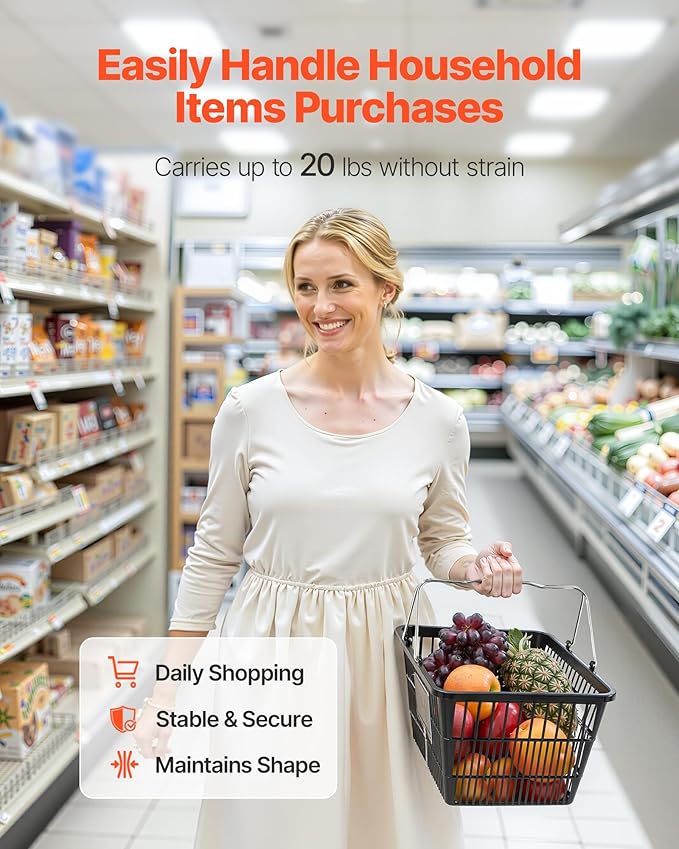 VEVOR Shopping Baskets, 12 PCS, 21L Stackable PE Plastic Grocery Baskets with Handles, Dense Mesh Structure, Holds up to 20 lbs, Portable for Grocery, Retail, Stores, Supermarket, Home Use, Black