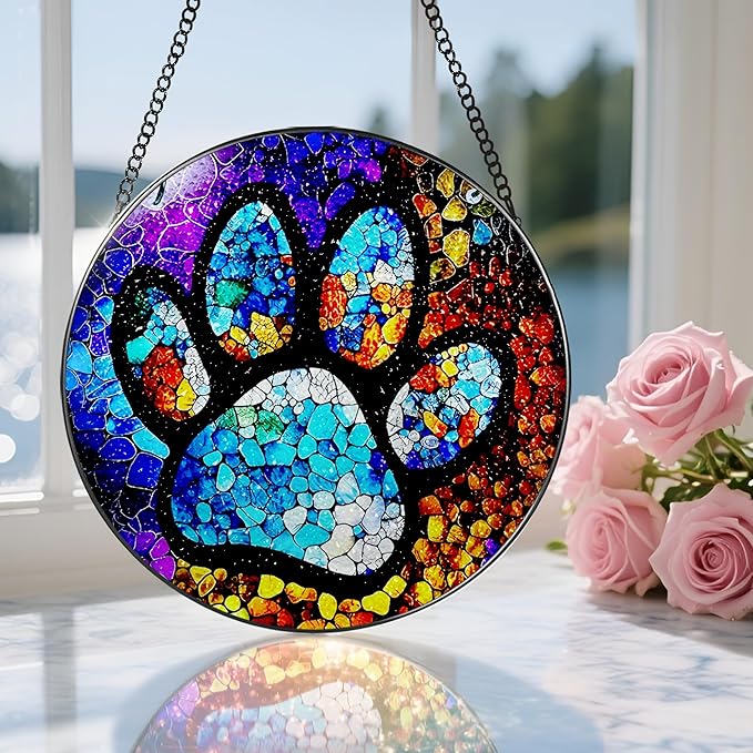 Stained Glass Window Hanging, DOUHASU Pet Memorial Suncatcher Ornament, Dog Memorial Gifts for Loss of Dog, Pet Lovers Gifts, Thoughtful Dogs and Cats Remembrance, Bereavement Gift