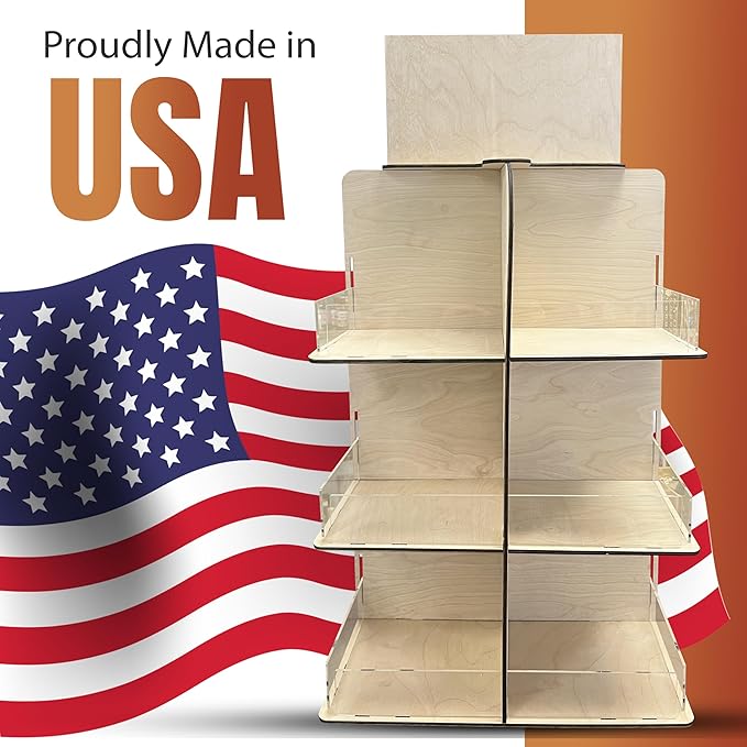 Versatile 4-Sided Rotating Display Stand for Candy, Snacks, Jams, Produce and More - Ideal for Craft Shows, Farmers Markets, and Retail Stores - 12 Shelves, Heavy-Duty Design, Easy Setup (Natural)