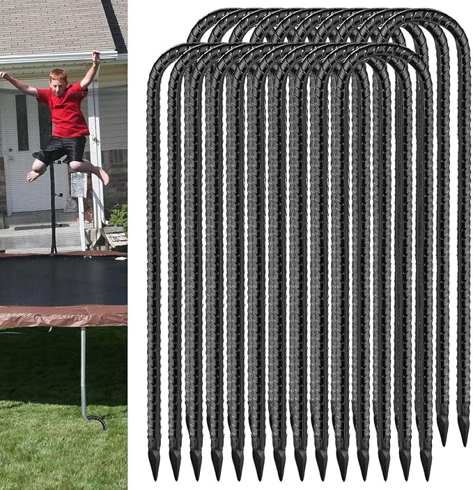 Rebar U Stakes 12 Inch - 20 Pack Black Galvanized Steel Heavy Duty Ground Anchors for Trampoline,Tent,Tarp,Soccer Goal,Garden Stake & Yard Art