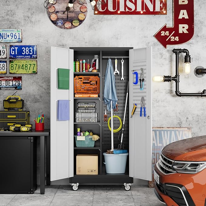 Broom Closet Storage Cabinet with Wheels and Pegboard, Metal Garage Storage Cabinet with Magnetic Doors,Adjustable Shelves for Garage Home Office,Required Assembly,Black and White,71"H×15.75"D×31.5"W