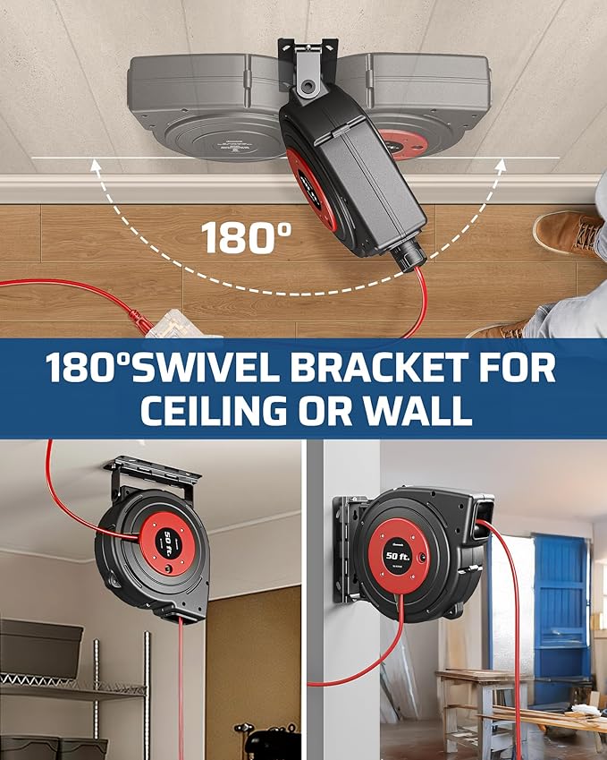 DEWENWILS 50FT Extension Cord Reel with 6 Grounded Outlets, Retractable Extension Cord Reel, 14/3C SJTOW, 6 Grounded Outlets, Twist-lock Stopper, 13A Circuit Breaker, Heavy Duty Power Cord, ETL Listed