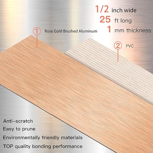 GSCIT Club Rose Gold Edge Banding, 1/2 Inch x 25ft Aluminum Brushed Edge Banding PVC Edge Trim for Cabinet Repair Furniture