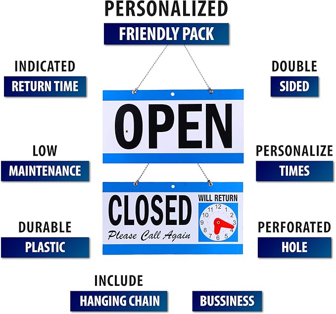 Business Hour Open Closed Sign with Suction Cups - Be Back Sign with Clock