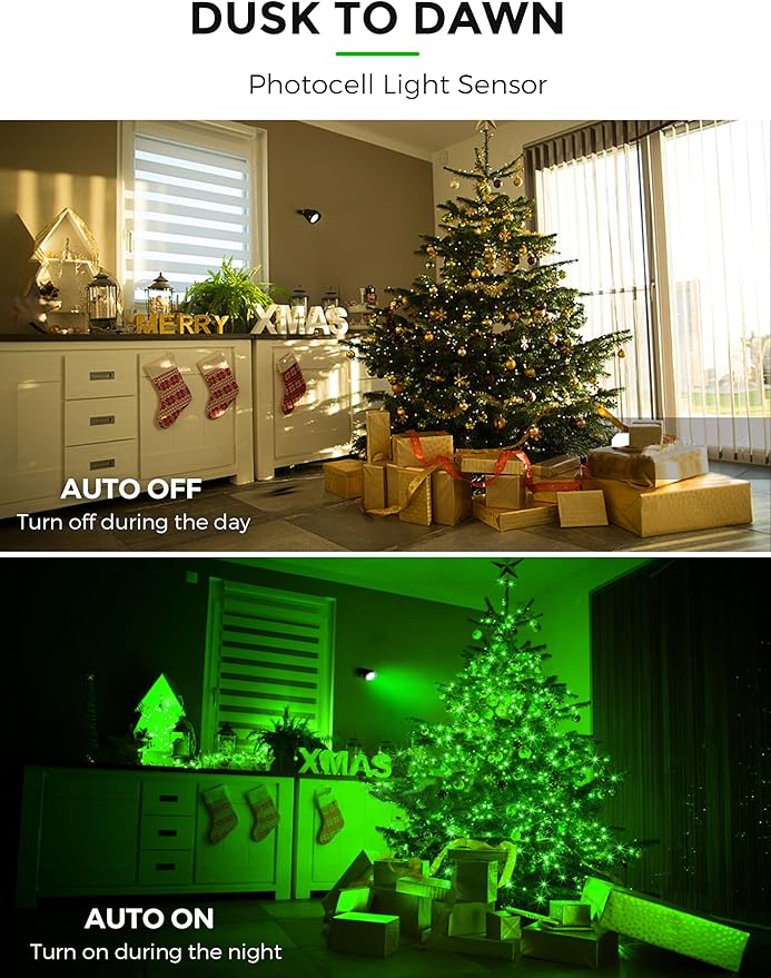 L LOHAS LED Christmas Spotlight Outdoor, Green Spot Lights for Yard, Auto On/Off 5W 120V Landscape Lighting for House, Holiday, Trees, Decoration, 450LM IP66 Waterproof, UL Listed, 2 Pack