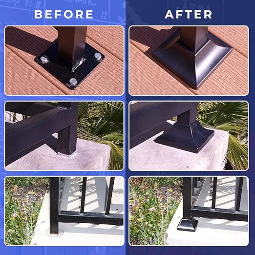Deck Post Base Cover – Durable, Snap-Together Shoe Base Instantly Transforms Hand & Stair Rail Feet – Porch, Stair & Deck Base Brackets Covers – UV-Resistant ABS Plastic (Black)