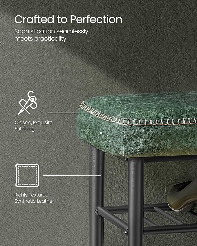 VASAGLE EKHO Collection - Shoe Rack Bench, Storage Bench for Entryway, Synthetic Leather with Stitching, Mid-Century Modern, Loads 300 lb, 11.8 x 31.5 x 19.7 Inches, Forest Green ULSB054C01