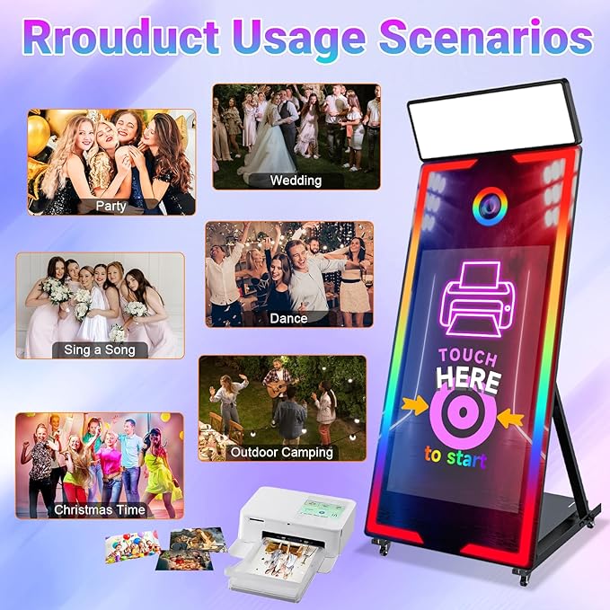Magic Mirror Photo Booth 65" with 32" Touch Screen Selfie Mirror Photo Booth Machine with Flight Case Remote Control Ring Light for Event Rental Wedding Party (65-32in Black)
