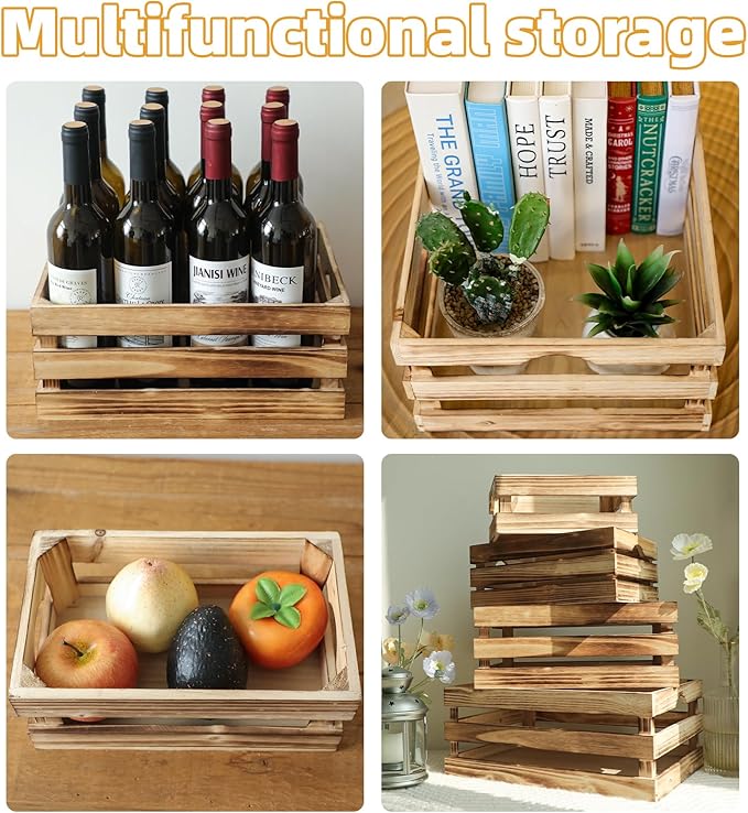Set of 4 Large Torched Wood Decorative Storage Crates, Nesting Wooden Crates for Display Rustic, Farmhouse Wooden Storage Container Boxes Made from 100% Wood