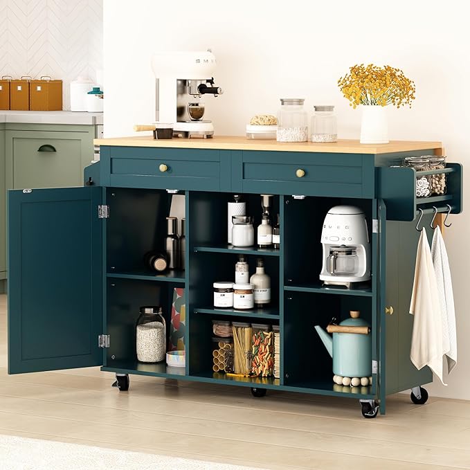 HLR Kitchen Island On Wheels, Dark Green Rolling Kitchen Islands Cart with Drop Leaf Countertop, Barn Door Kitchen Island with Storage Cabinet and Tower Rack, Island Table for Kitchen