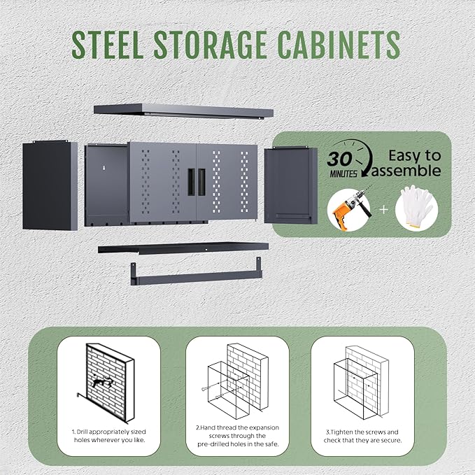 Small Wall Cabinet, Metal Garage Wall Mounted Storage Cabinets, Floating Garage Tool Cabinet with 2 Doors, Heavy-Duty Tool Organizer, Utility Wall Cabinet for Warehouse, Basement, Kitchen