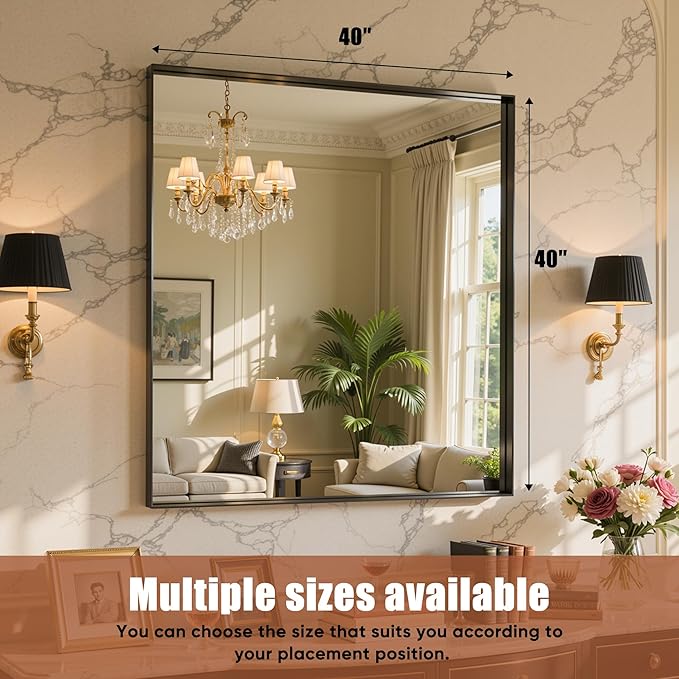 40"x40" Black Framed Bathroom Mirror, Large Rectangular Vanity Mirror, Aluminum Metal Frame, Wall Farmhouse Modern Wall-Mounted Mirrors for Bathroom, Bedroom, Living Room, Over Sink