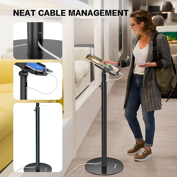AboveTEK iPad Kiosk Floor Stand - Height Adjustable POS Tablet Floor Stand, 360° Swivel Universal Locking Holder for 7.9"-11" iPad/Air/Samsung - Anti-Theft Security Stand for Retail, Business