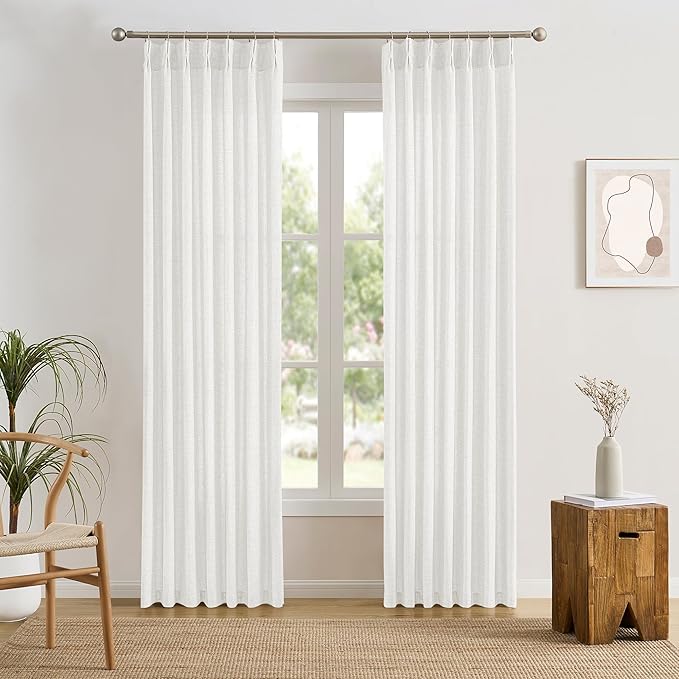 White Pinch Pleated Sheer Curtains 102 Inches Long, Textured Window Treatments Curtain for Bedroom/Living Room 42x102 Inch 2 Panels Back Tab Rod Pocket
