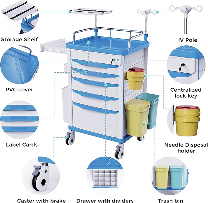Medical Rolling Crash Cart with Wheels-CPR Board, IV Pole, O2 Holder, Trash Bin, Silent Casters,Drawers with Dividers, Emergency Cart for Clinic, Hospital, Nursing Center