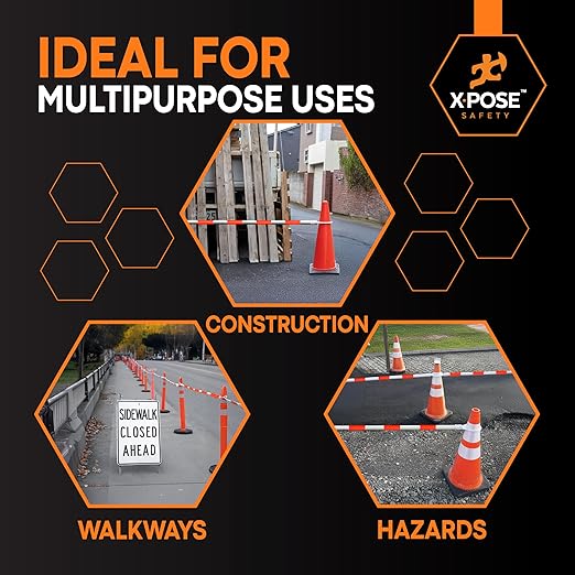 Retractable Barrier for Safety Traffic Cones - 2" OD - Large Yellow and Black Bar Barricade - for Road Construction, Parking, Warning, Temporary Security Divider (1, Orange & White, 72" x 120")