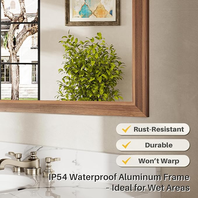 55x36 Inch Bathroom Mirror for Wall, Anti-Rust Walnut Wood Grain Metal Framed Bathroom Mirrors for Over Sink,Rectangler Mirrors for Bathroom Vanity, Farmhouse, Bedroom, Living Room, Entryway Decor