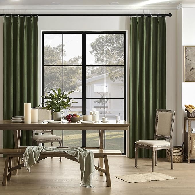 Olive Dark Green Pinch Pleated Curtains 84 Inches Long Burg,Back Tab with Hooks, Cooling Heat Reflective Linen Drapes for Bedroom Track System(2 Panels W40 xL84)