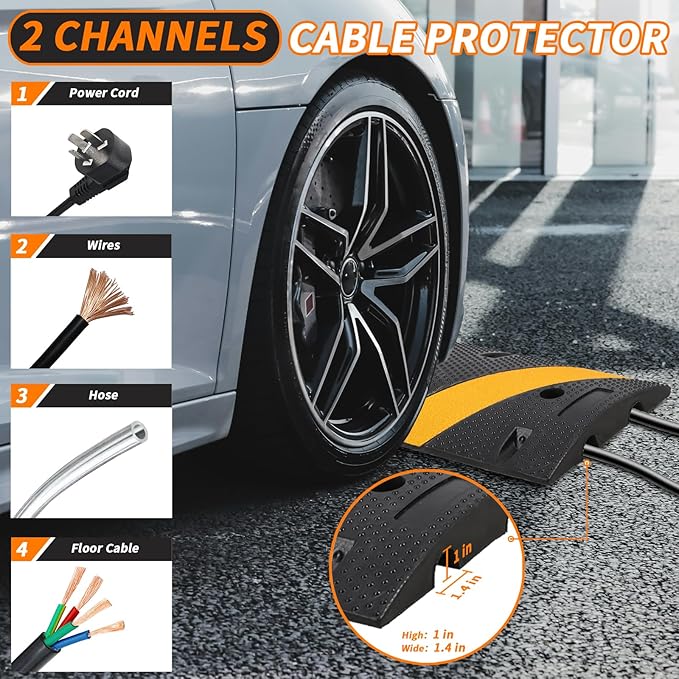 Heavy Duty 84" Rubber Speed Bumps - 2 Channel Modular Traffic Hump, Cable Protector Ramps for Asphalt, Concrete & Gravel Driveways, Includes 2 End Caps & 6 Spikes