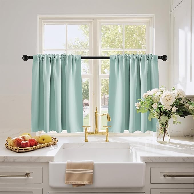 PONY DANCE Aqua Blue Small Window Curtains for Kitchen Over Sink 24 inch Length, Black Out Camper Curtains for RV, Thermal Insulated Rod Pocket Short Drapes, W 29 x L 24 inches,2 Panels