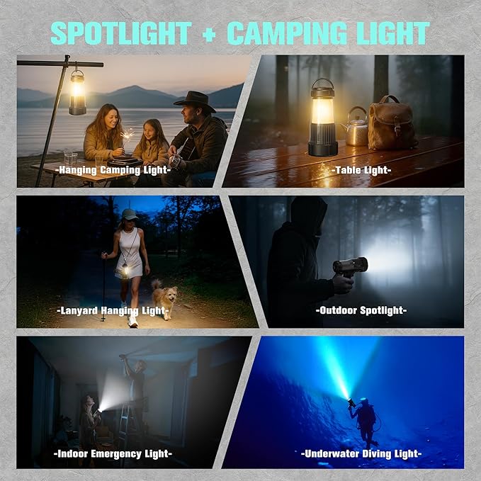 FORTO Rechargeable Spotlight, 1800ft Beam Distance, 5000 Lumens and IPX8 Waterproof 40 ft Depth, Warm Glow Camping Lantern, Perfect for Dog Walking, Camping, Adventure, Home Backup use (Black-Pro)