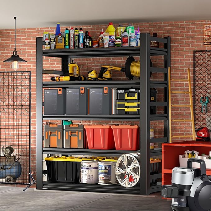 Adjustable 5-Tier Garage Shelving, Heavy Duty Steel Storage Rack, High Load Capacity, Ideal for Garage, Warehouse, or Home Organization (with Fences, 32" W*15.7" D*63" H)