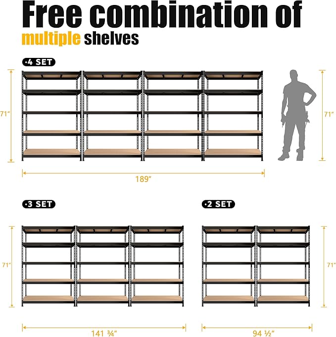 PrimeZone 47" W x 23.6" D x 71" H Large Heavy Duty Storage Shelves - 3 Pack 5 Tier Adjustable Garage Storage Shelving, Metal Storage Utility Rack Shelf Unit for Warehouse Pantry Closet Kitchen, Black