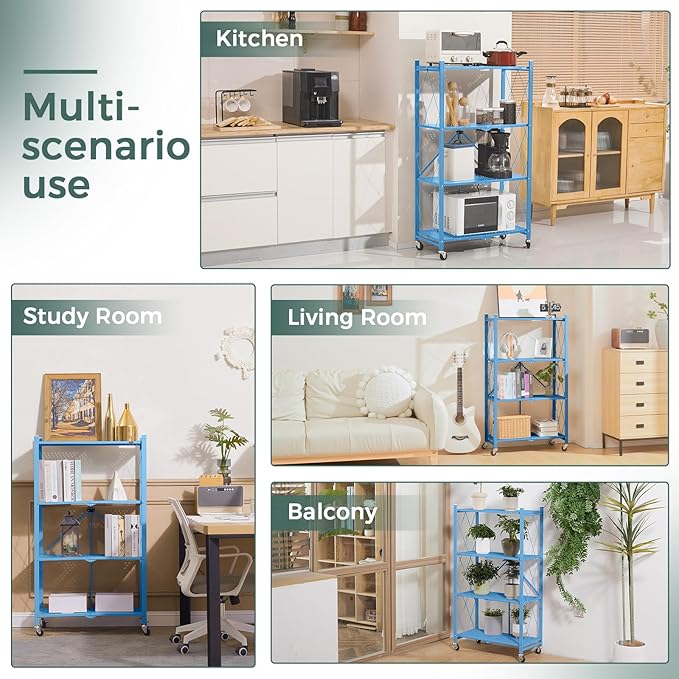 DEANIC 4 Tier Foldable Storage Shelves with Wheels, Large Capacity Shelving Unit, Freestanding Metal Wire Shelf Rack, No Assembly Organizer Rack for Garage Kitchen, Basement, Pantry(Blue Pack of 2)