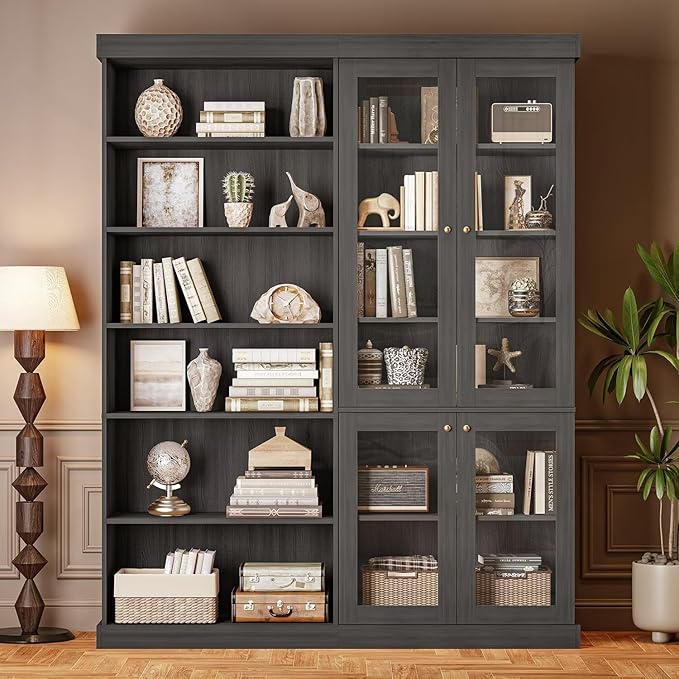 Vyre 70.8" Tall Farmhouse Bookshelf with Glass Doors, Modular Bookcase with 6-Tier Adjustable Shelves, Large Storage Cabinet for Kitchen, Living Room, Black, Set of 4