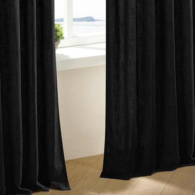 Linen Curtains 108 Inches Long 2 Panels Set for Living Room Farmhouse Boho Linen Textured Pinch Pleated Memory Shape Light Filtering Ceiling Semi Sheer 108 Inch Window Curtain with Hook Rings Black