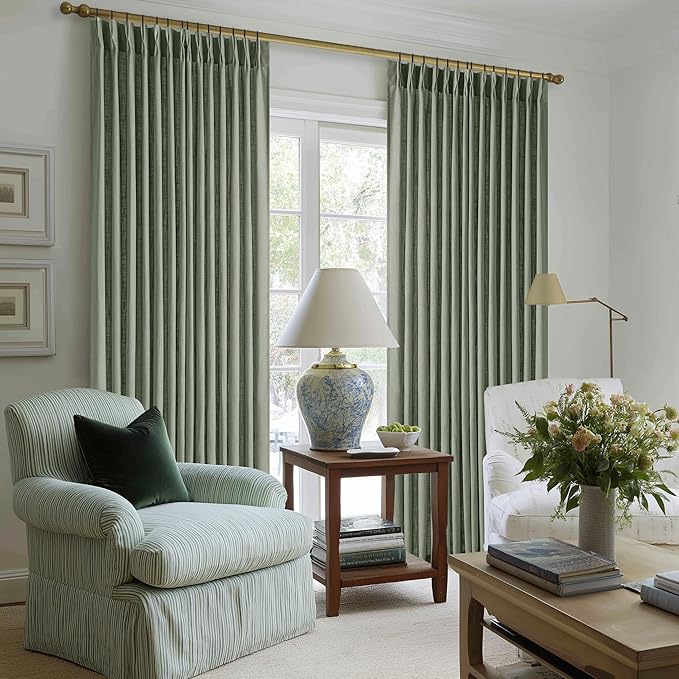 Green Linen Curtains 108 Inches Long 2 Panels Set for Living Room Farmhouse Boho Linen Textured Pinch Pleated Memory Shape Light Filtering Ceiling Semi Sheer Window Curtain Hook Rings Sage Green