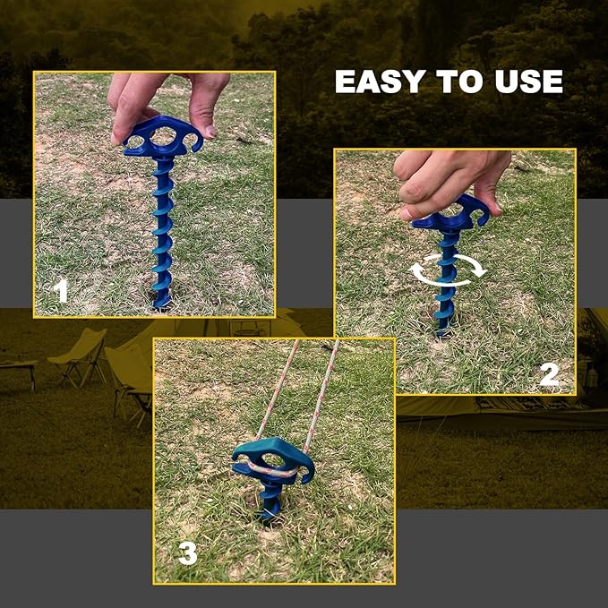 Tent Stakes Ground Anchors Screw in, 16 Pack Sand Stakes for Beach 9.4 Inch Heavy Duty Spiral Tent Pegs for Camping, Party, Hiking, Outdoor Decoration (16, Blue)