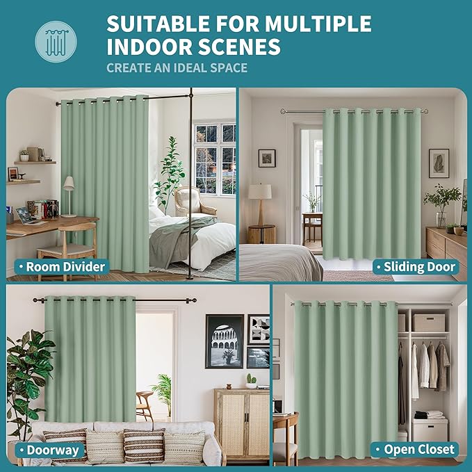 BGment Frosty Green Sliding Door Curtain 96 Inch Long - Wide Room Darkening Room Divider Curtain for Bedroom Privacy Themral Insulated Grommet Room Separator Curtain, 1 Panel, 100 X 96