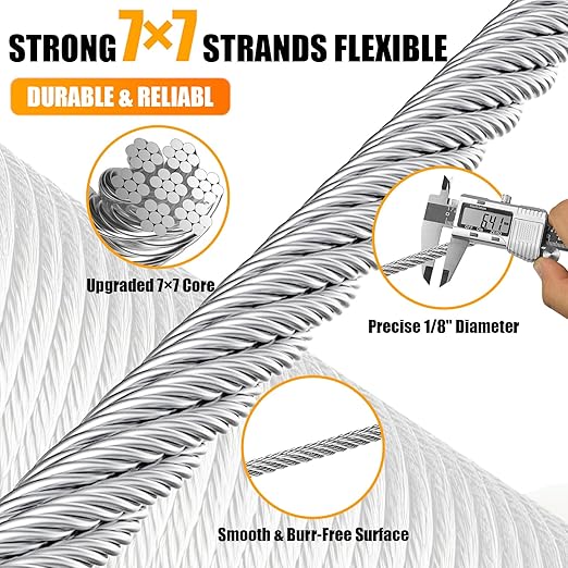 AHEONLAR 500FT 1/8" T316 Stainless Steel Cable for Railing,7x7 Wire Rope with Cutter,1850 lb Breaking Strength,Deck Stair Fence Hardware Kit for Indoor Outdoor Use,Silver