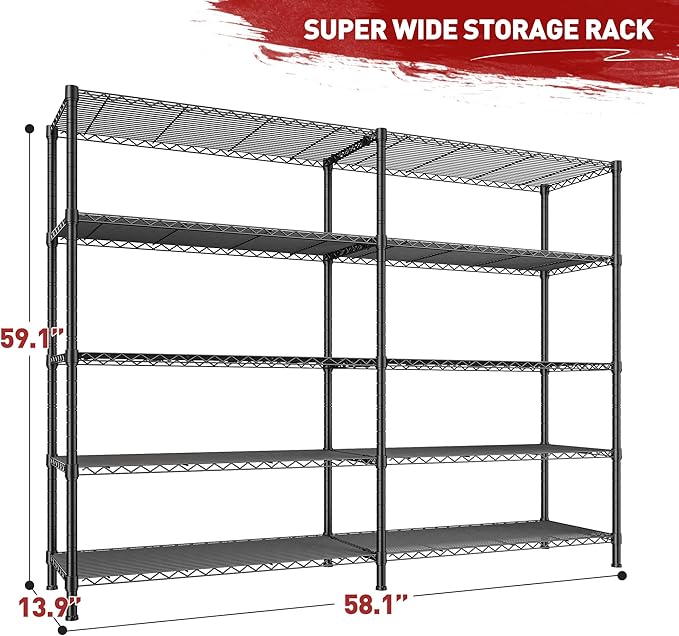 REIBII 1450LBS Shelves 5 Tier Metal Shelving Unit Storage Wire Shelving 58.1''W Pantry Shelves Wire Shelf Adjustable Garage Shelving Heavy Duty Storage Rack for Pantry Kitchen Garage, Black