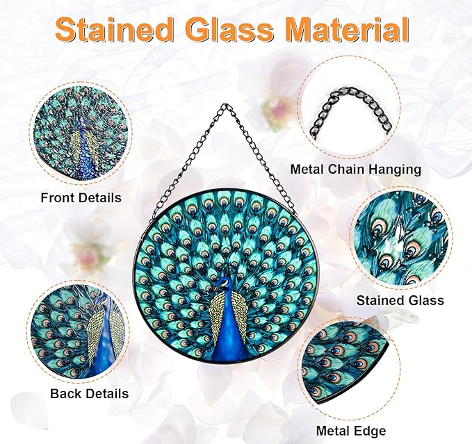 Full-Show Peacock Stained Glass Sun Catcher, 6 Inch Round Hand-Painted Window Hanging with Chain, Vibrant Glass Art for Home Garden Decor, Unique Gift for Nature & Bird Lovers