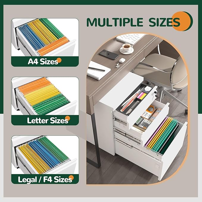 3 Drawer File Cabinet with Lock, Metal Mobile Filing Cabinet on Wheels, Under Desk Storage Cabinet for Home Office, Deep Drawers for Letter/Legal/A4 Files with Anti-Tip Design (White)