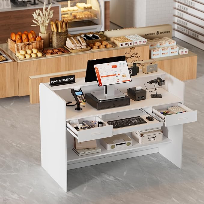 PAKASEPT Reception Desk with Counter for Retail & Checkout,Modern Front Reception Counter with LED Lights,Drawers & Open Shelves,Retail Counter with Storage for Countertop,Beauty Salon,Shop,Bar,White