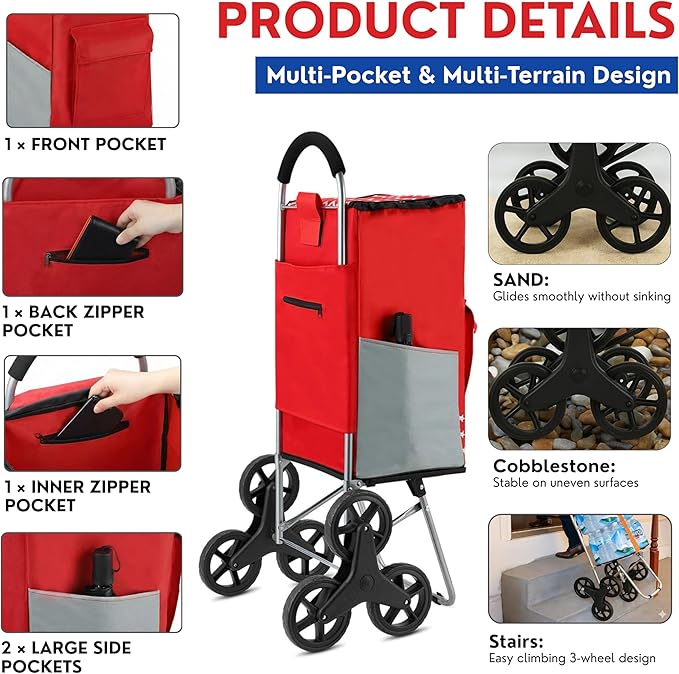 Shopping Cart, Super Loading Stair Climber 220 lbs Capacity Grocery Foldable Cart with Extra Large Shopping Bag Laundry Utility Cart with Adjustable Bungee Cord, red