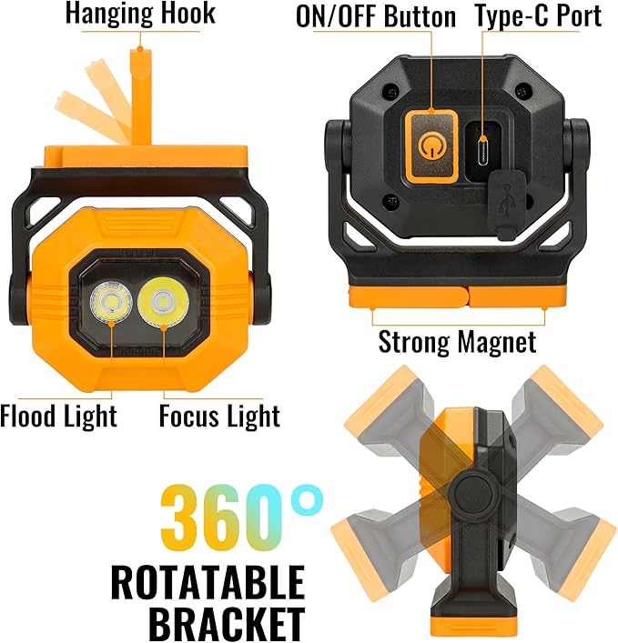 LED Rechargeable Work Light, 1500LM Portable COB Magnetic Lights with 3 Modes & 360° Rotatable, IPX4 Waterproof Worklight for Car Repairing, Job Site Lighting, Emergency (1 PC)