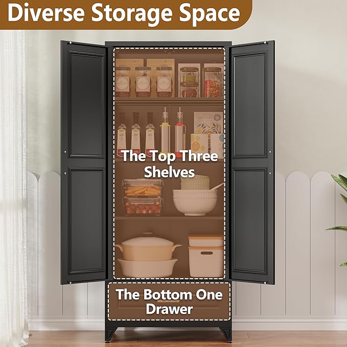 Kitchen Pantry Cabinet, 75" Tall Pantry Cabinet with Drawer, Metal Storage Cabinets with Doors and Shelves, Freestanding Food Cupboards for Dining & Living Room, Black, Assembly Required