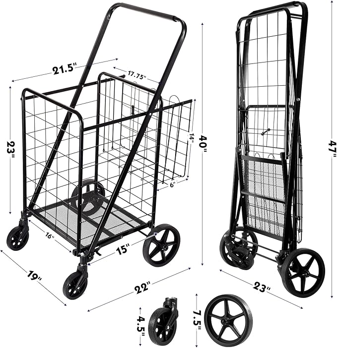 Folding Shopping Cart, Grocery Cart, 340 Lb Capacity, Utility Cart with 360° Rolling Swivel Wheels, Large & Extra Basket