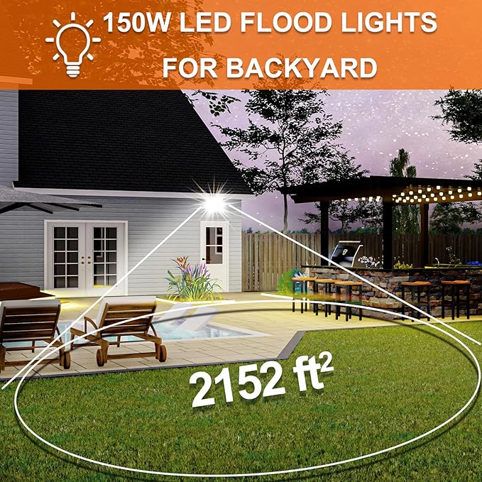 XXBSAZ 2 Pack 150W LED Flood Lights Outdoor, 18,000LM Plug-in Hardwire Work Light IP66 Waterproof - 6500K Daylight Bright for Yard, Garage, Stadium