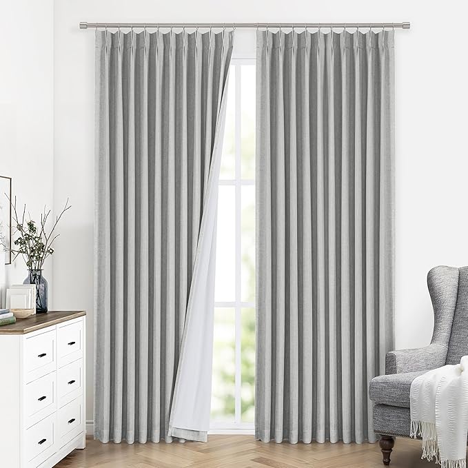 Vision Home Light Gray Pinch Pleated Full Blackout Curtains Linen Blended Thermal Insulated Window Panels 108 inch for Bedroom Living Room Darkening Grey Pleat Drapes with Hooks Back Tab 60"Wx108"Lx1