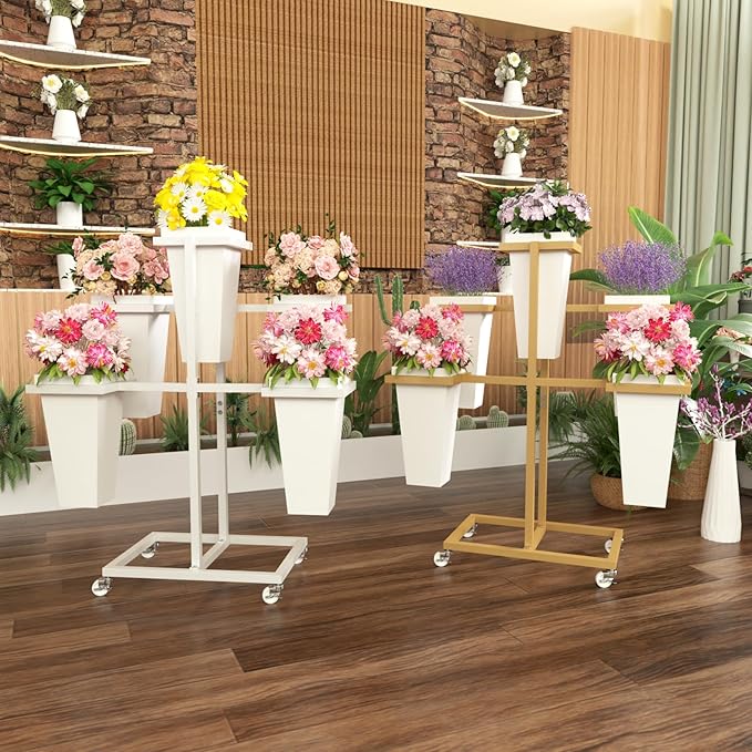 Flower Display Stand with Buckets, Sturdy Flower Cart with Wheels, Metal Bouquet Bar for Wedding, Party, Patio, Bridal Shower, White