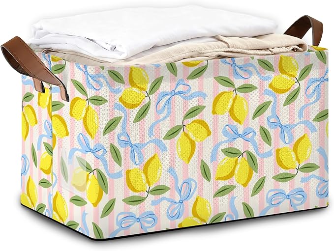 32L Large Storage Bins with Handles, Watercolor Fruit Basket Organizer for Shelves, Closet, Books, Laundry & Home Decor (Lemons)