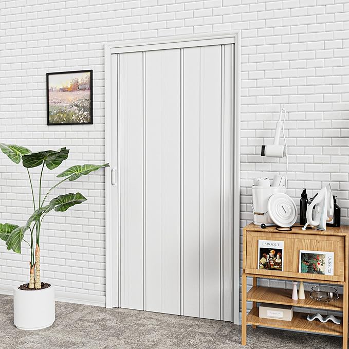 49-60 x 80in Accordion Doors Interior Folding Door, White PVC Accordion Door with Upgraded Roller & Complete Hardware & Handle, for Closet Bathroom Doorways