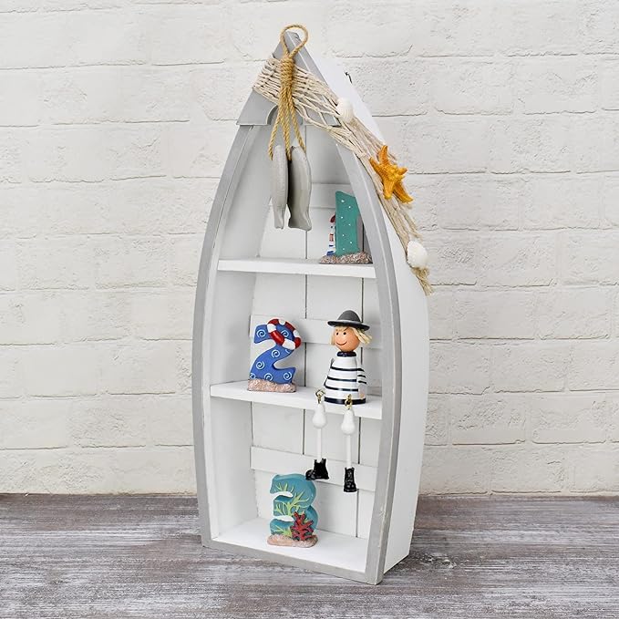 Morning View 2-Shelf Wood Boat Shelf, Nautical Decor with Fishing Net, Starfish, Seashells - Wall Mount or Tabletop Display - Beach Themed Home Decor, White, 6.7x3x16.5 Inch